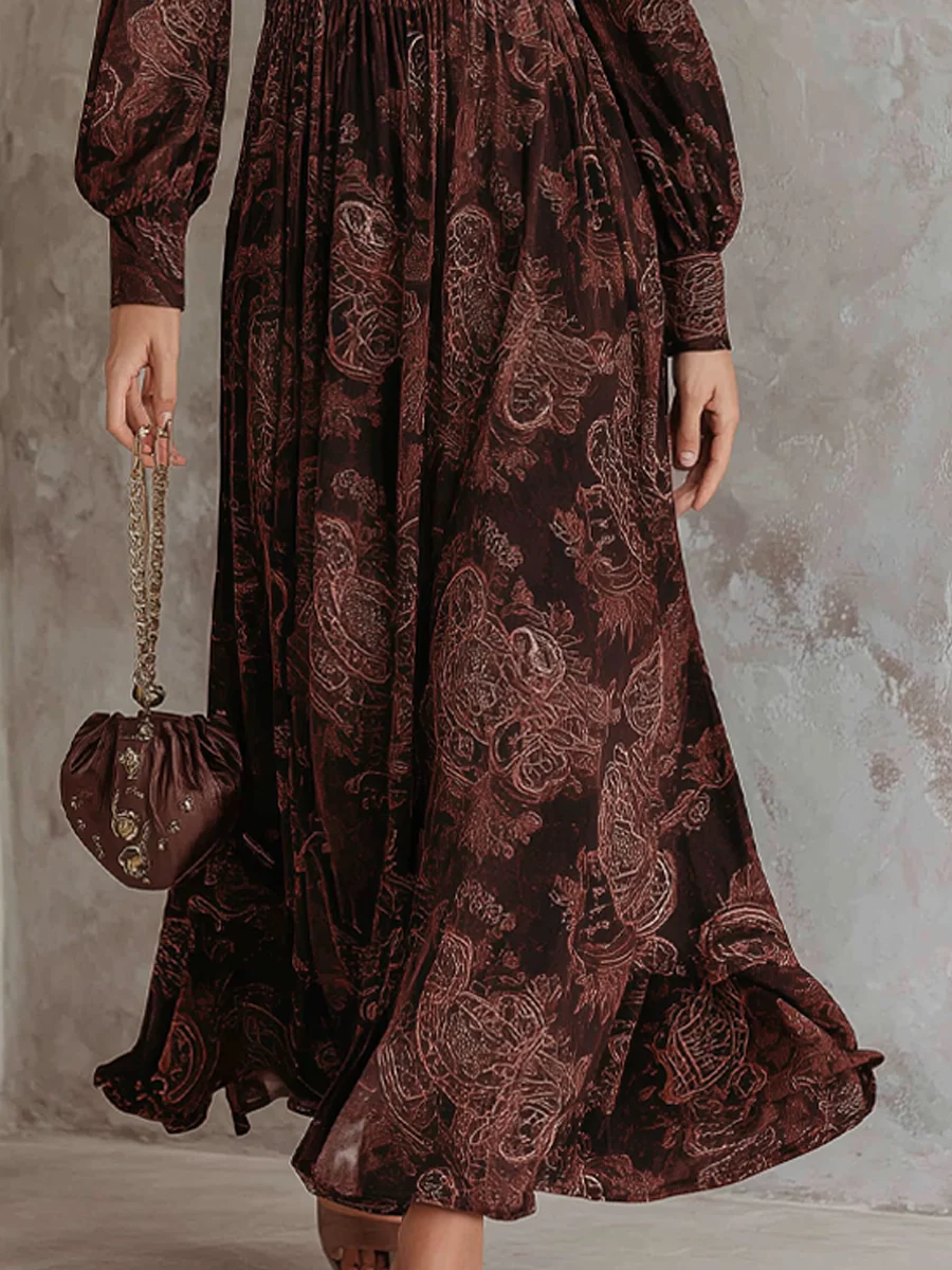 Chicyis Brown Paisley Maxi Dress - V-Neck & Zippered Waist Fit - CHICYIS