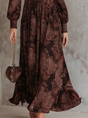 Chicyis Brown Paisley Maxi Dress - V-Neck & Zippered Waist Fit - CHICYIS