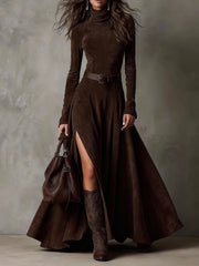 Chicyis Dark Brown Suede Maxi Dress - Turtleneck & High Slit Fit - CHICYIS