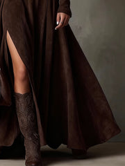 Chicyis Dark Brown Suede Maxi Dress - Turtleneck & High Slit Fit - CHICYIS