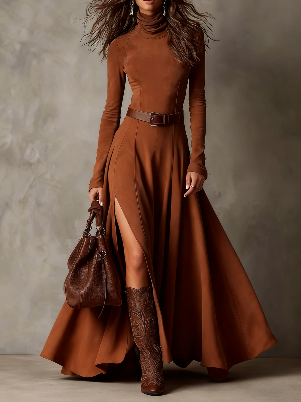 Chicyis Dark Brown Suede Maxi Dress - Turtleneck & High Slit Fit - CHICYIS