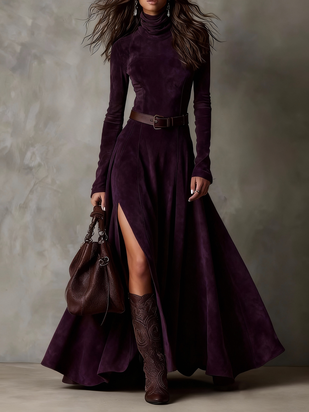 Chicyis Dark Brown Suede Maxi Dress - Turtleneck & High Slit Fit - CHICYIS