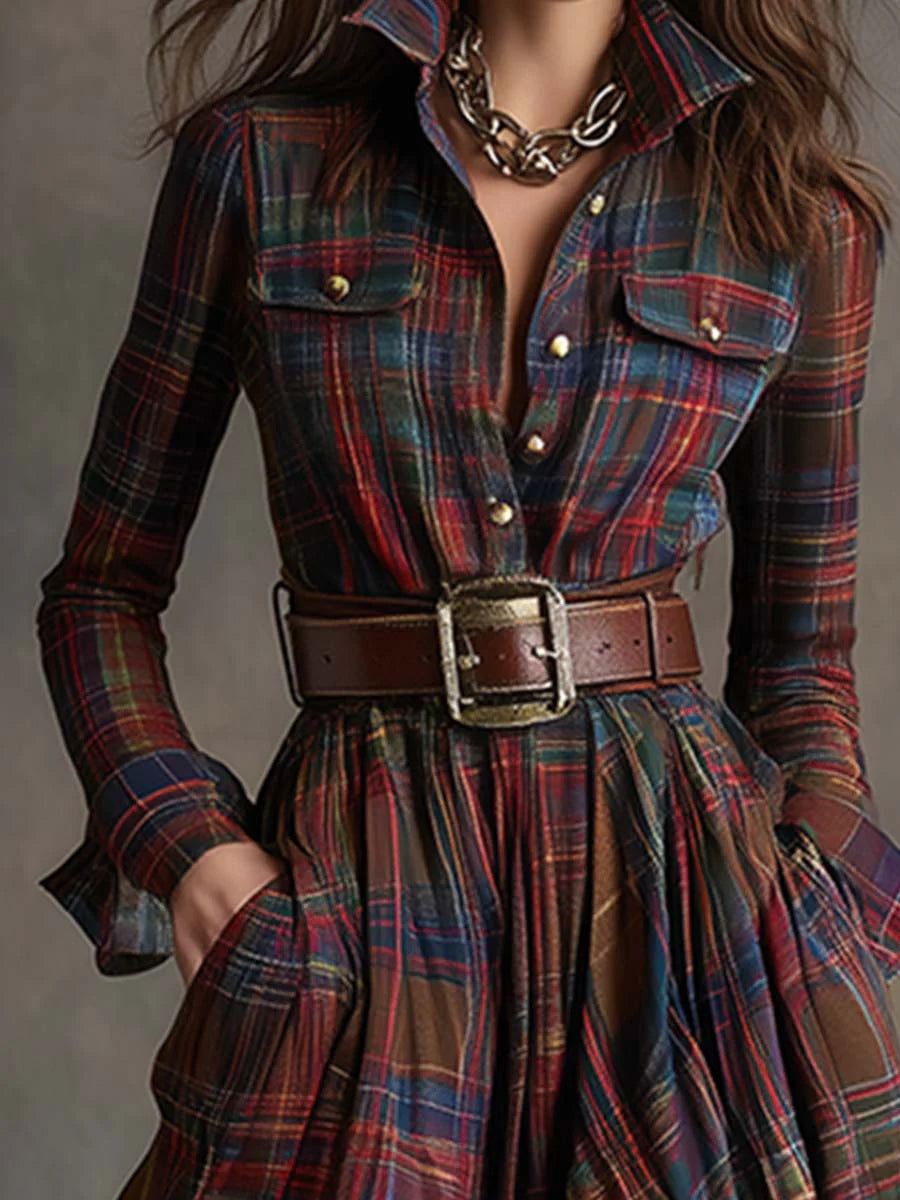 Chicyis Plaid Shirt Dress - Sophisticated Lapel & Belted Style - CHICYIS
