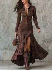 Chicyis Retro Brown Suede Long Dress - Elegant Irregular Ruffle Fit - CHICYIS