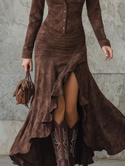 Chicyis Retro Brown Suede Long Dress - Elegant Irregular Ruffle Fit - CHICYIS