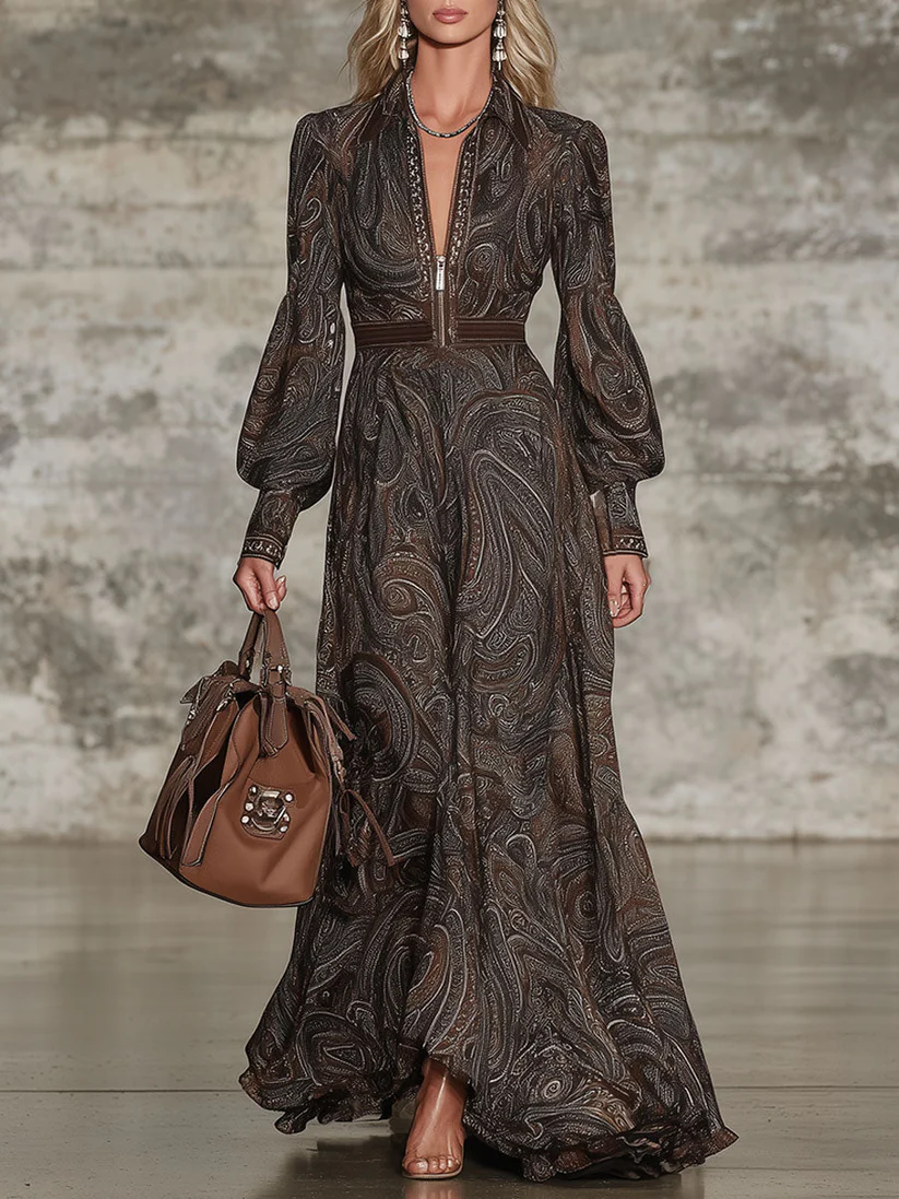 Chicyis Vintage Paisley Zip Maxi Dress - V-Neck Long Sleeve - CHICYIS
