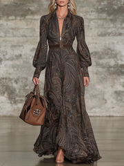 Chicyis Vintage Paisley Zip Maxi Dress - V-Neck Long Sleeve - CHICYIS