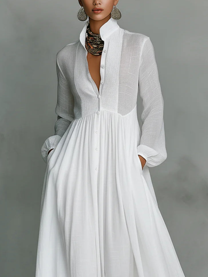 Chicyis White Maxi Dress - Single-Breasted & Stand-Up Collar Fit - CHICYIS