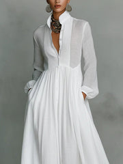 Chicyis White Maxi Dress - Single-Breasted & Stand-Up Collar Fit - CHICYIS