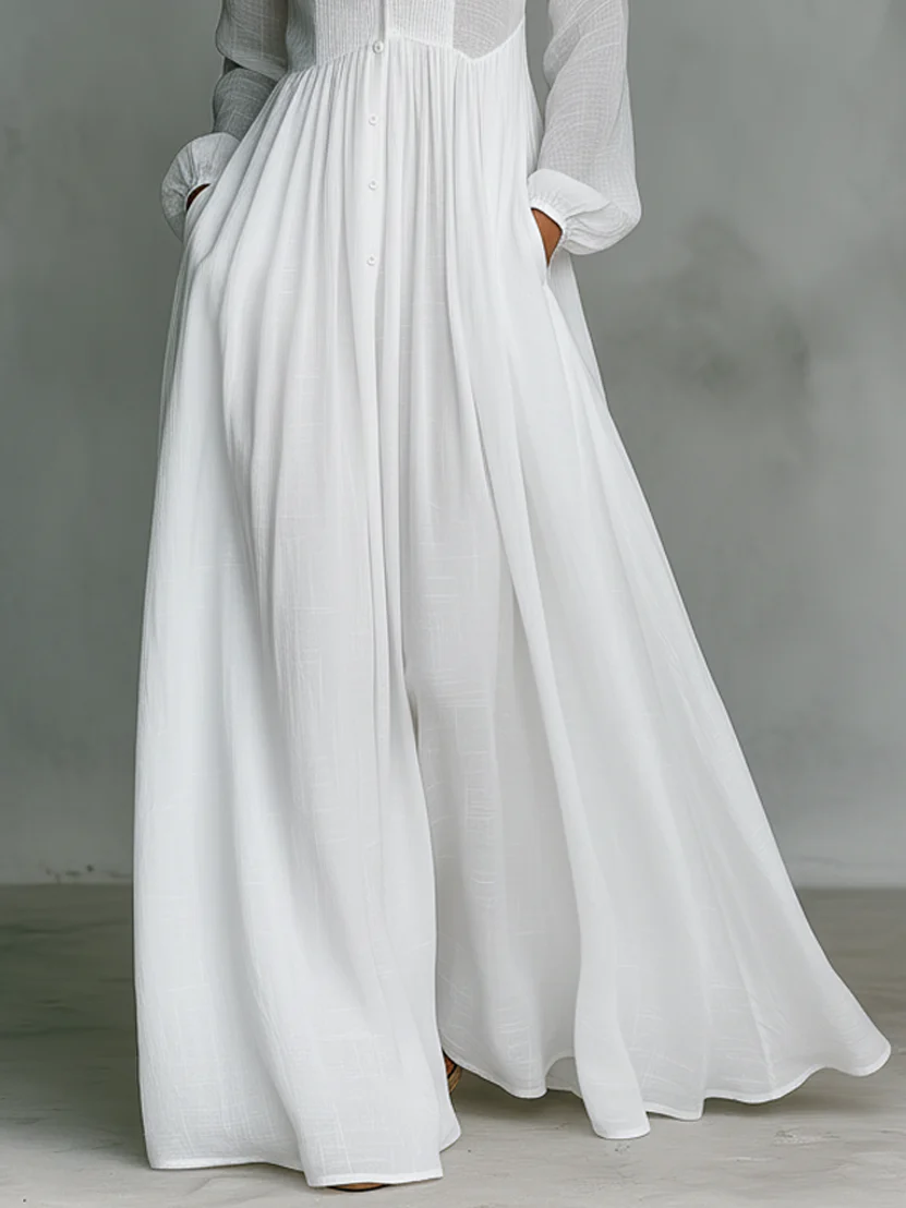 Chicyis White Maxi Dress - Single-Breasted & Stand-Up Collar Fit - CHICYIS