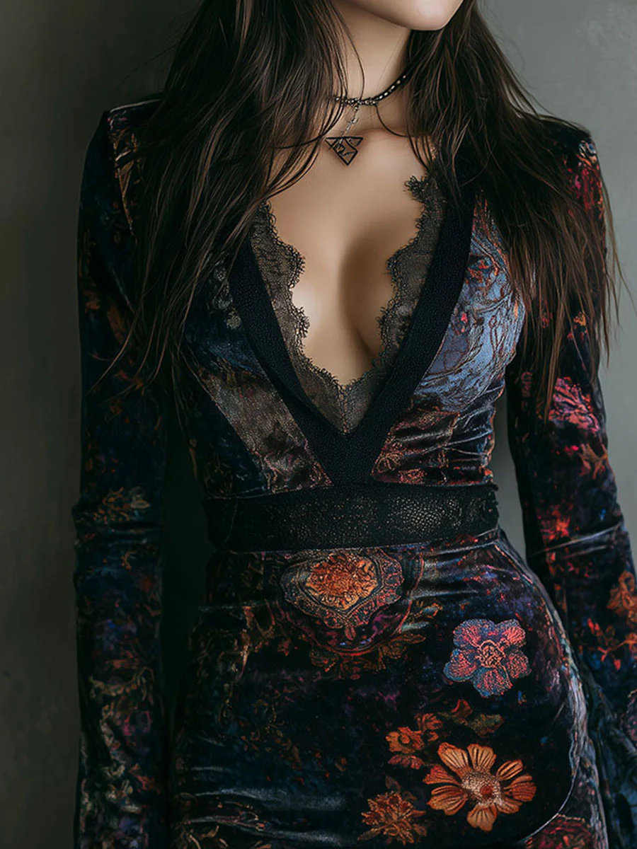 Chicyis Black Floral Print Velvet Mini Dress - V-Neck Lace Trim