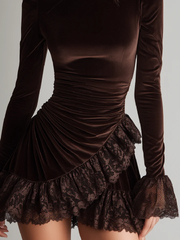 Chicyis Brown Velvet Mini Dress - Turtleneck Lace Ruffle Hem Ruched