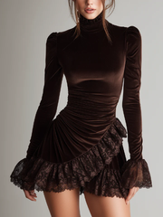 Chicyis Brown Velvet Mini Dress - Turtleneck Lace Ruffle Hem Ruched
