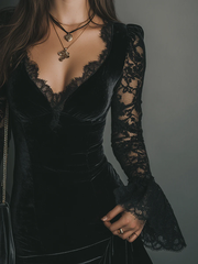 Chicyis Black Velvet Lace V-Neck Dress Flare Sleeve