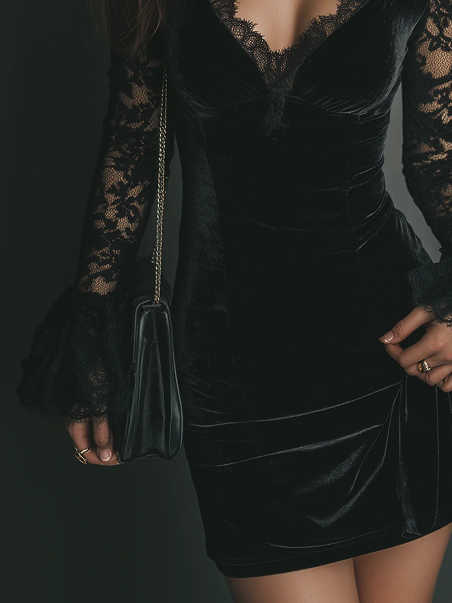 Chicyis Black Velvet Lace V-Neck Dress Flare Sleeve