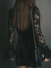 Chicyis Black Velvet Lace V-Neck Dress Flare Sleeve