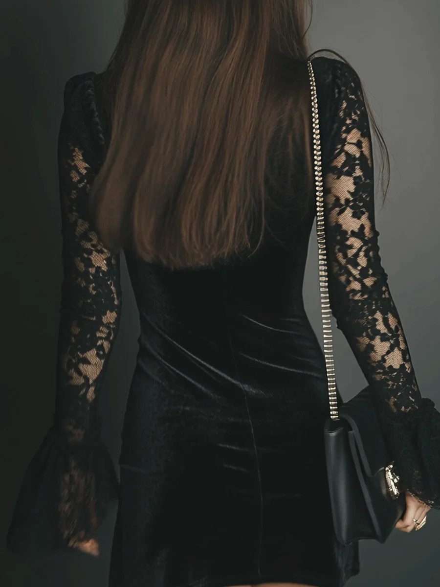 Chicyis Black Velvet Lace V-Neck Dress Flare Sleeve