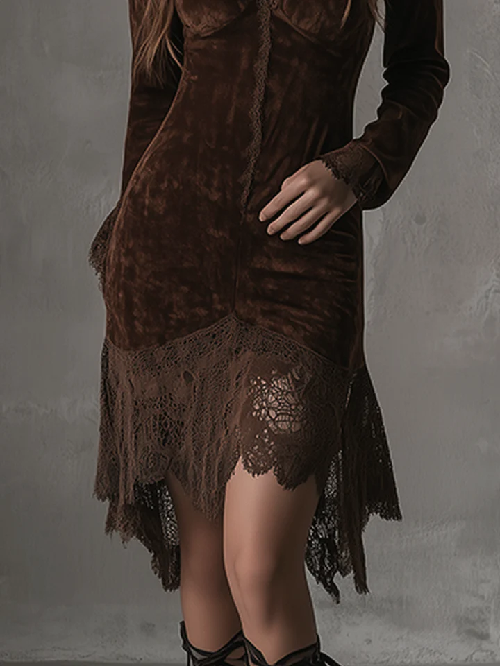 Chicyis Brown Velvet Midi Dress - V-Neck Lace Hem Long Sleeve