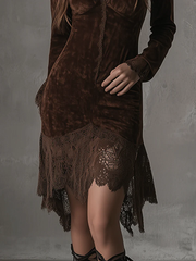 Chicyis Brown Velvet Midi Dress - V-Neck Lace Hem Long Sleeve